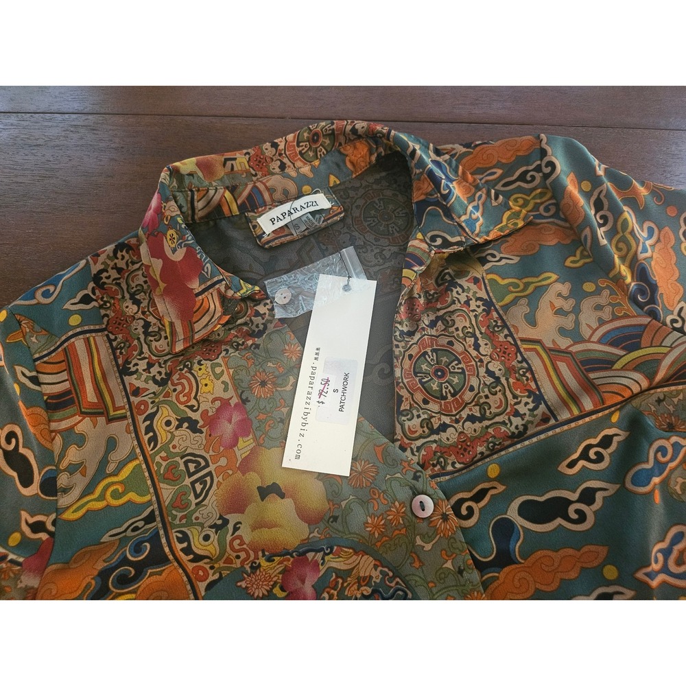 Paparazzi Patchwork Button Down Shirt Womens Small Multicolor Floral Oriental